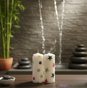 Juego de 2 Velas de Pilar Ecológicas de Parafina y Cera de Soja con Diseño de Puntos y Noche Estrellada para Navidad, Pascua y Decoración del Hogar - Product Image 1