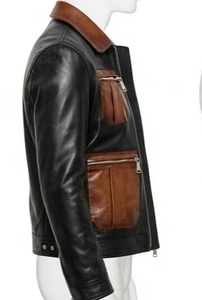Veste en cuir pour homme, couleur contrastée, marron et noir, col rabattu, fermeture éclair - Product Image 5