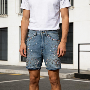 Glory MEN Rhinestone Denim Shorts High Quality Spandex/Polyester Plain Dyed Gym Sports Quick Dry Elastic Waist Formal Streetwear - Product Image 3