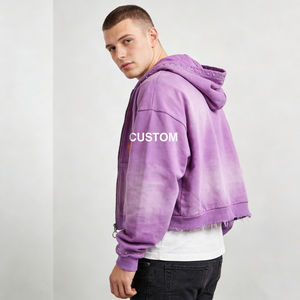 Sweat à capuche décontracté pour homme, violet tie-dye tendance, coupe oversize, fermeture éclair frontale, détails rivets, ourlet effiloché, impression de lettres personnalisée - Product Image 2