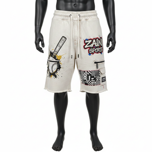 Pantalones cortos de baloncesto para hombre, de algodón suave, color beige, con parche gráfico, estampado, logotipo personalizado, bordado, con bolsillo. - Product Image 1