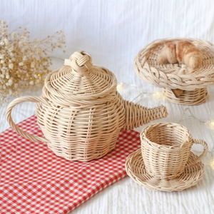 Handwoven Kids Toy Rattan Cake Stand with Pedestal Base Wicker Display Platter for Kids <b>Play</b> Pretend Dollhouse Wholesale - Product Image 2