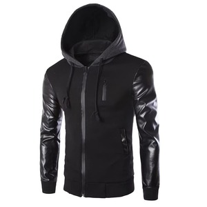 Veste à capuche en PU noir premium avec manches en charbon de bois, gris marine foncé, fermeture éclair, streetwear, vêtements d'extérieur personnalisés OEM - Product Image 4