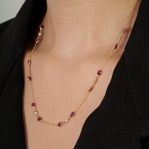 Women's Wholesale Fine Trendy <b>Ruby</b> & Diamond 14K Real Yellow Gold Elegant Station Chain <b>Necklace</b> Anniversary Gift Jewelry - Product Image 6