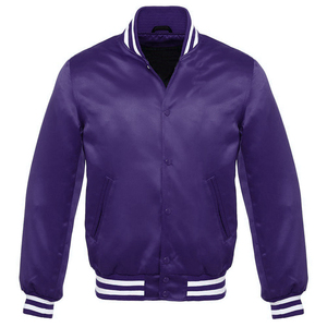Mens Classic Satin Varsity Bomber Jacket Purple <b>Maroon</b> Collection Striped Ribbed Trim Snap Button Sporty Letterman Baseball <b>Coat</b> - Product Image 1