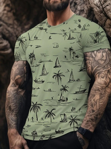 Camiseta de Hombre Verde Oliva con Estampado de Palmeras y Veleros, Manga Corta, Cuello Redondo, Corte Regular, Informal, Tejida - Product Image 6