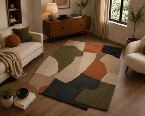 Tapis en laine tufté à la main pour salon, forme irrégulière, mosaïque, tons terreux, olive, terre cuite, style bohème, design personnalisé, OEM - Product Image 6