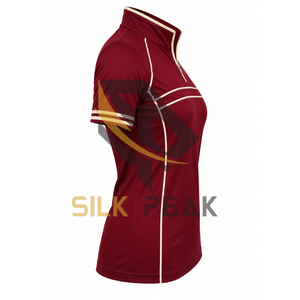 T-shirt décontracté sport tricoté à manches courtes pour femme, couleur bordeaux avec bordure blanche, séchage rapide, 100 % coton, écologique, idéal pour l'été - Product Image 2