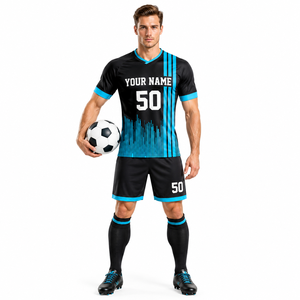 Camiseta de Fútbol Negra Personalizada con Rayas Cian, Nombre y Número Personalizados - Product Image 1