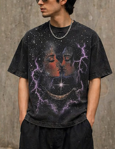 Camiseta Vintage con Gráfico Cósmico, Oversize, de Algodón 100% de Alto Gramaje, Lavada, Estilo Streetwear, con Pedrería, Unisex - Product Image 3