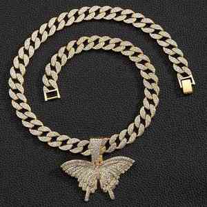 Collar con colgante de mariposa chapado en oro macizo de 14K, engaste de bisel, diamantes de imitación cultivados en laboratorio, estilo Hiphop, joyería unisex con dije, conjunto de zinc. - Product Image 5
