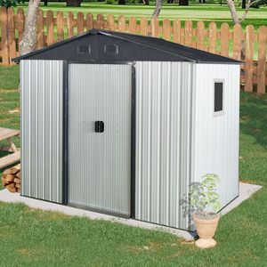 Caseta de Almacenamiento Metálica para Exteriores de 8 pies x 4 pies, Blanca y Negra, con Ventana y Base Metálica, para Patio Trasero y Jardín - Product Image 1