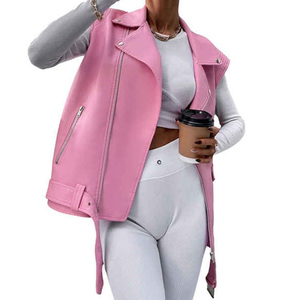 Gilet de motard rose en cuir véritable pour femme, coupe oversize, sans manches, style moto, tricoté, tendance automne, personnalisable - Product Image 3