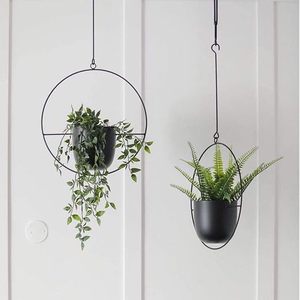Pot de fleurs suspendu minimaliste moderne avec cadre métallique circulaire, finition noire en poudre, pour intérieur et extérieur - Product Image 5
