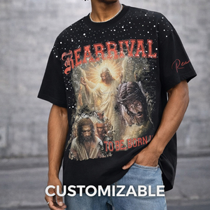 T-shirts Oversize Personnalisés 100% Coton Épais Impression DTG Graphique Effet Délavé au Soleil Délavé à l'Acide Strass Effet Vieilli - Product Image 2