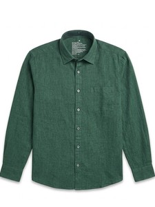 Chemise décontractée en coton vert pour homme, manches longues, col rabattu, couleur unie, respirante, idéale pour l'été - Product Image 3