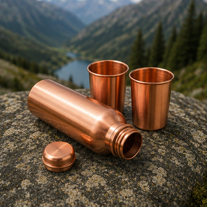 Bouteille d'eau de luxe en cuivre pur avec deux verres lisses, vaisselle de voyage portable au design traditionnel - Product Image 4
