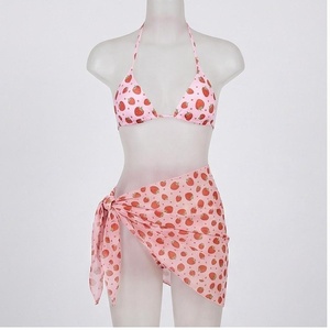 Strawberry Print Women's 2 Piece Bikini Set Halter Top With Tie Side Bottom Asymmetric Wrap Skirt Stretch Swimwear - Product Image 2