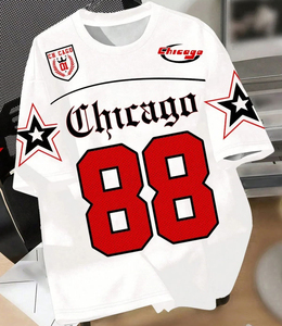 T-shirt décontracté imprimé avec logo Chicago 88 pour jeunes, style maillot blanc et noir, avec motif étoile du logo, durable, directement des fabricants - Product Image 1