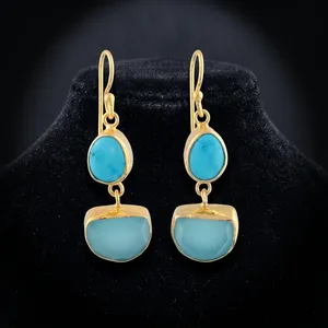 Großhandel Blaue Türkis- & Aqua-Chalcedon-Hakenohrringe, Messing-Goldplattierung, Hängeohrringe, Leichtgewicht-Modeschmuck - Product Image 1