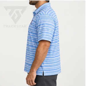 Trackstar <b>Men's</b> Blue <b>White</b> Fine Horizontal Stripe <b>Polo</b> Shirt Short Sleeve Button Collar Casual Golf Shirt Custom Logo - Product Image 3