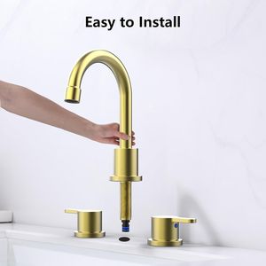 Grifo de lavabo de baño de 8 pulgadas con 2 manijas, 3 orificios, caño giratorio 360 grados, acabado oro cepillado, de amplio alcance, con desagüe de botón, para lavabo de tocador - Product Image 5