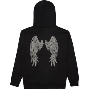 Wholesale 2026 Custom Men's <b>Black</b> Hooded Knitted Sweatshirt Rhinestone Angel <b>Wings</b> Back Print Regular Fit Casual Winter Wear - Product Image 1