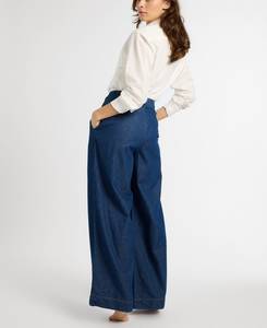Jean large pour femme, taille haute, bleu clair, en denim mélangé coton, couleur unie, vente en gros - Product Image 4