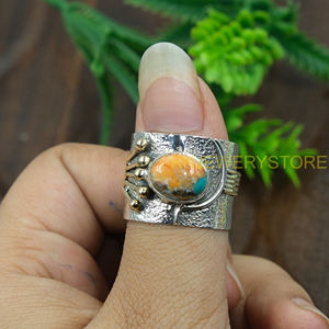 Orange Spiny Oyster Turquoise Handmade <b>Ring</b> 925 Sterling Silver And Brass <b>Statement</b> Vintage Artisan Gemstone Jewelry For Women - Product Image 3