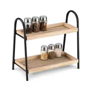 Wall Mounted 2 Tier Wood Spice Rack Rustic Floating <b>Shelf</b> <b>Black</b> Iron Scrollwork <b>Bracket</b> Storage Organizer Hooks - Product Image 2