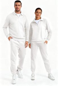 Ensemble de survêtement pour homme, sweat-shirt blanc à demi-zip, couleur unie, coton, vêtements de jogging décontractés, manches longues, pantalon à cordon de serrage, coupe régulière - Product Image 3