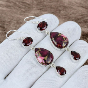Boucles d'oreilles pendantes en argent sterling 925 massif, serties clos, faites à la main, avec turquoise et grenat, style bohème, pierres précieuses - Product Image 1