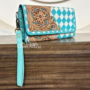 Portefeuille long pour femme 2026 en cuir véritable à carreaux, design floral estampé, avec pochette à main détachable, protection RFID, par un grand créateur - Product Image 1