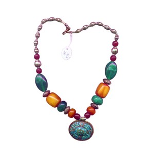 Handcrafted Turquoise Pendant Necklace, Bold Multicolor Bead Necklace, Bohemian Fashion Jewelry Statement Necklace for Women - Product Image 1