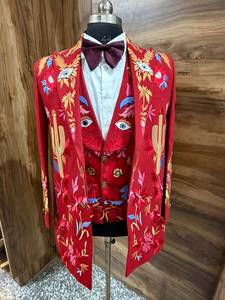 Men’s Red Western Embroidered Suit <b>Set</b> | Floral & Cactus Embroidery <b>Blazer</b> with Matching Trousers - Product Image 4