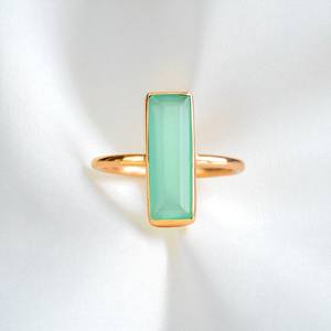 Aqua Chalcedony Birthstone Rectangle Bar Bezel <b>Rings</b> | Handmade Gold Plated Band <b>Rings</b> | Minimalist <b>Plain</b> Stackable Jewelry - Product Image 1