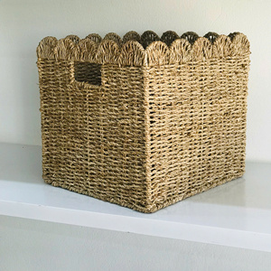 Natural Seagrass <b>Rectangle</b> Square Scallop <b>Storage</b> <b>Basket</b> with Handle Rustic Multi Purpose Organizer - Product Image 1