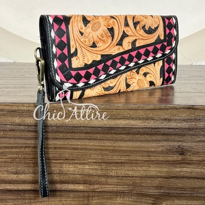 Handmade Tooled Genuine Leather Checkered Pattern Floral Design Women Clutches <b>Credit</b> <b>Card</b> <b>Holder</b> Evening Wristlet Wallet - Product Image 1