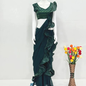 ผ้าซารีสำเร็จรูปผ้าจอร์เจตต์ฟูฟ่องแบบใหม่สำหรับนักออกแบบ - Product Image 1