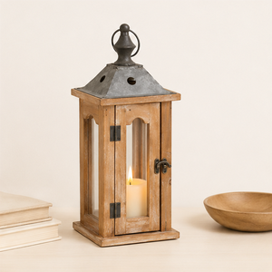 Farol de Madera Estilo Rústico con Tapa Metálica, Portavelas Decorativo Vintage para Centro de Mesa de Boda, Decoración de Jardín e Interiores - Product Image 5