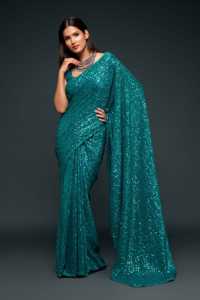 Sari de Georgette de Lujo con Bordado de Lentejuelas Azul Turquesa Moderno para Fiesta de Cóctel de Invierno, Estilo Tradicional Indio, Venta al por Mayor - Product Image 3