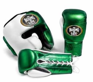 Set de Boxeo Personalizado al por Mayor con Logotipo Verde y Blanco - Guantes de Entrenamiento de Cuero Premium, Protector de Cabeza, Protector Abdominal, Pélvico e Inguinal - Product Image 1