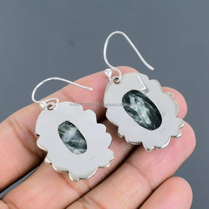 Pendientes de Plata de Ley 925, pendientes de piedras preciosas de serafinita, joyería hecha a mano, joyería de serafinita, regalo para ella - Product Image 3