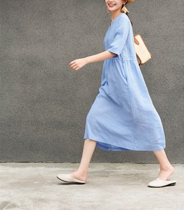 Elegant Sky Blue Cotton Linen Plain Maxi <b>Dress</b> With V-Neck Boho <b>Loose</b> Fit Short Sleeve Summer Casual <b>Dress</b> For Women - Product Image 5