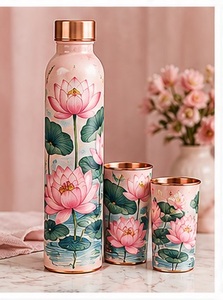 Juego de Botellas de Agua de Cobre con Diseño Floral Mediterráneo Azul, Herméticas, con Dos Tazas, Portátiles, de Metal - Product Image 2