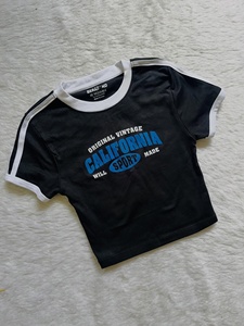 Custom Women Boxy Crop <b>White</b> Pinstripe Los Angeles 79 Collared <b>Polo</b> Crop Top T-Shirt - Product Image 5