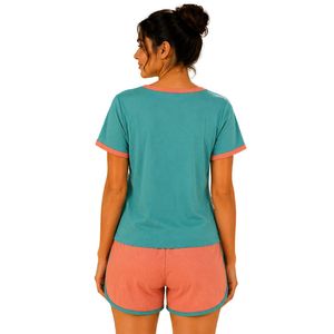 Turquoise And Coral Women Two Piece Shorts Set Square Neck Button <b>Top</b> Heart Print Casual Summer Cotton Lounge Wear Outfit Custom - Product Image 2
