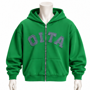 Sweat à capuche zippé vert pour homme, avec patch lettres en chenille, en molleton épais, coupe droite, style streetwear décontracté, poche kangourou, hiver - Product Image 1