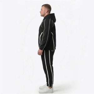 Men’s Black Fleece Tracksuit Custom Logo Hoodie Jogger <b>Set</b> Contrast Stripe Streetwear Two <b>Piece</b> <b>Set</b> - Product Image 5