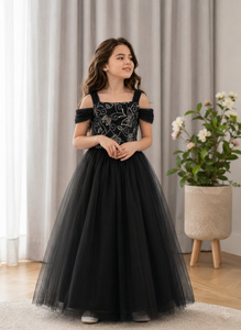 Black Girls <b>Velvet</b> Chiffon Tutu <b>Dress</b> Floral Embroidered Off-Shoulder Puff Sleeve Princess <b>Evening</b> Gown Piano Performance Party - Product Image 1